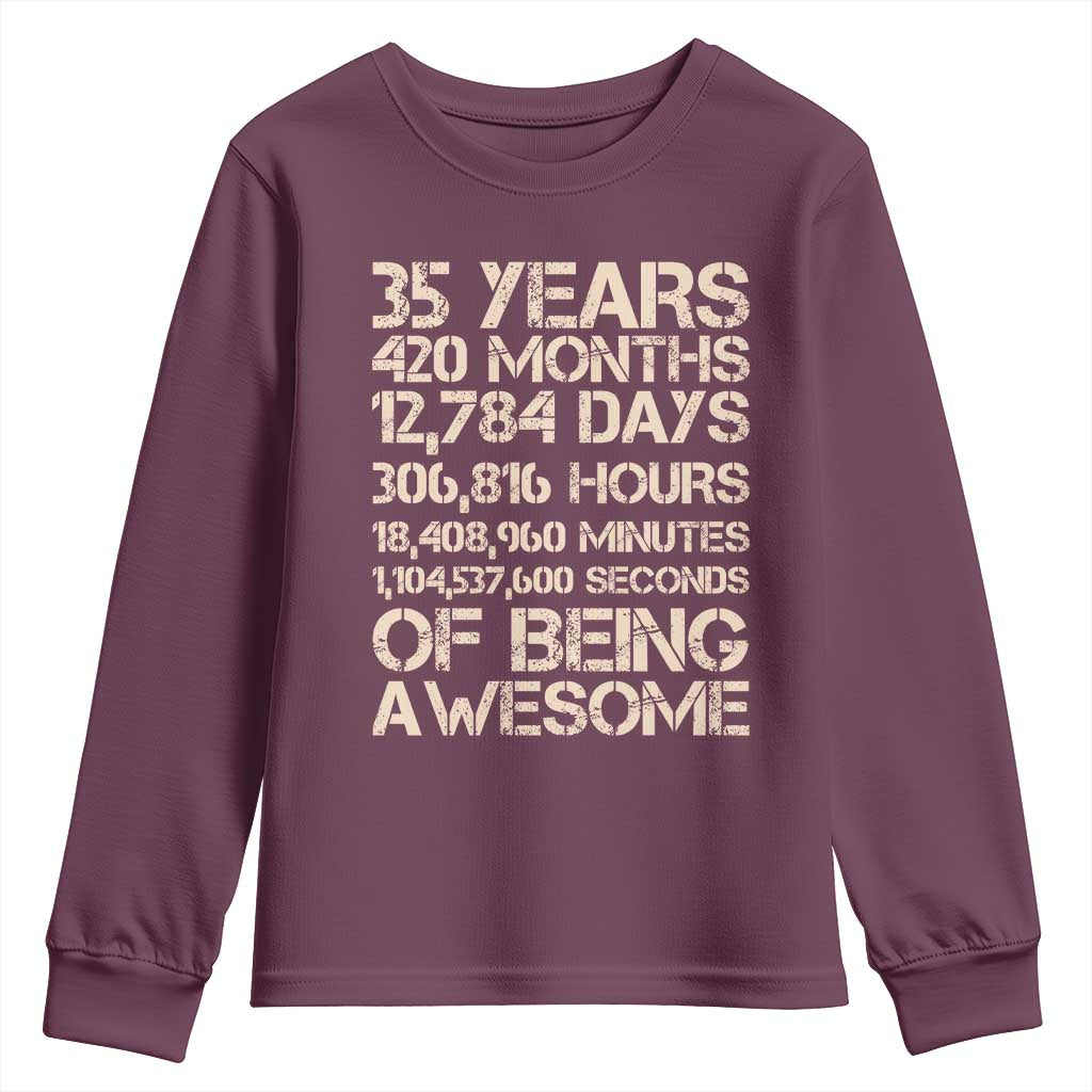 Vintage 35th Birthday Gift Youth Sweatshirt 35 Years Of Being Awesome TS12 Maroon Print Your Wear