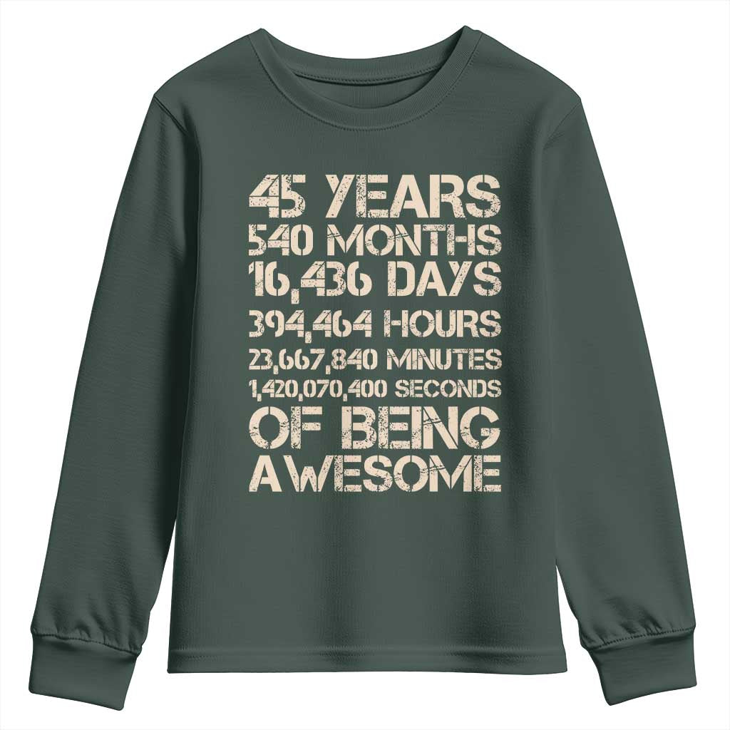 Vintage 45th Birthday Gift Youth Sweatshirt 45 Years Of Being Awesome TS12 Dark Forest Green Print Your Wear