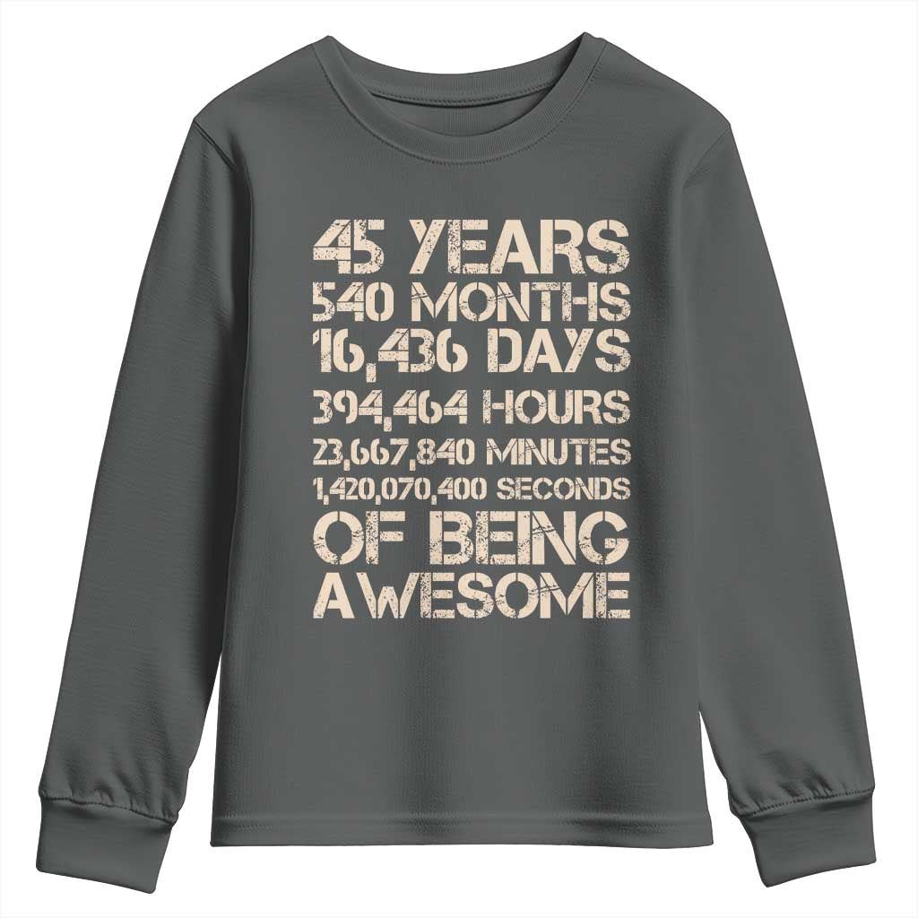 Vintage 45th Birthday Gift Youth Sweatshirt 45 Years Of Being Awesome TS12 Dark Heather Print Your Wear