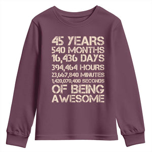 Vintage 45th Birthday Gift Youth Sweatshirt 45 Years Of Being Awesome TS12 Maroon Print Your Wear