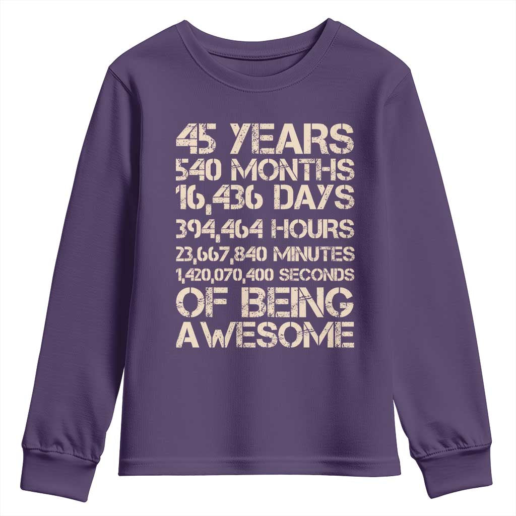 Vintage 45th Birthday Gift Youth Sweatshirt 45 Years Of Being Awesome TS12 Purple Print Your Wear