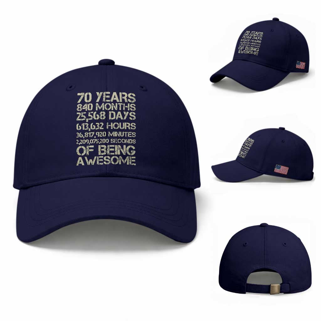 Vintage 70th Birthday Gift Baseball Cap 70 Years Of Being Awesome TS12 Baseball Cap Universal Fit Dark Blue Print Your Wear