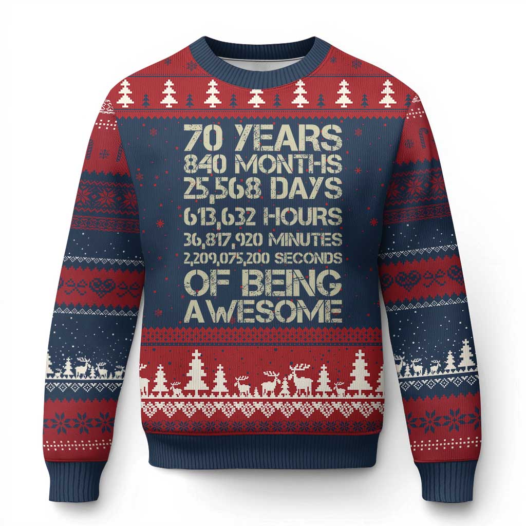 Vintage 70th Birthday Gift Ugly Christmas Sweater 70 Years Of Being Awesome TS12 Navy Red Print Your Wear
