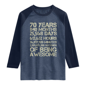 Vintage 70th Birthday Gift Raglan Shirt 70 Years Of Being Awesome TS12 Heather Denim Navy Print Your Wear