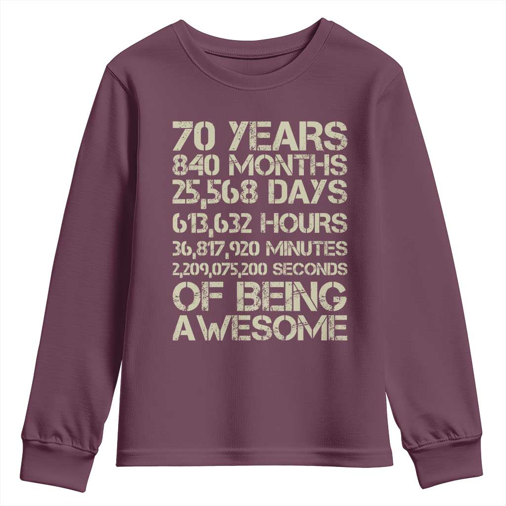 Vintage 70th Birthday Gift Youth Sweatshirt 70 Years Of Being Awesome TS12 Maroon Print Your Wear