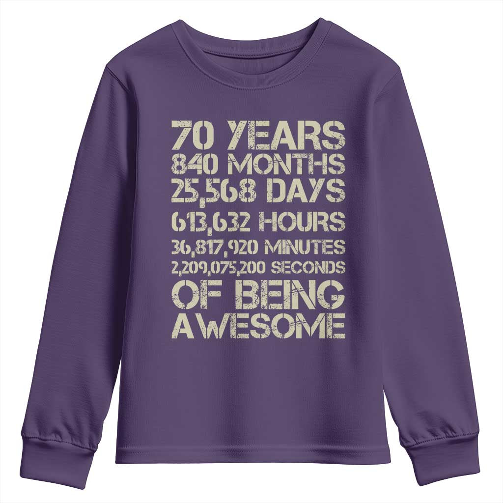 Vintage 70th Birthday Gift Youth Sweatshirt 70 Years Of Being Awesome TS12 Purple Print Your Wear
