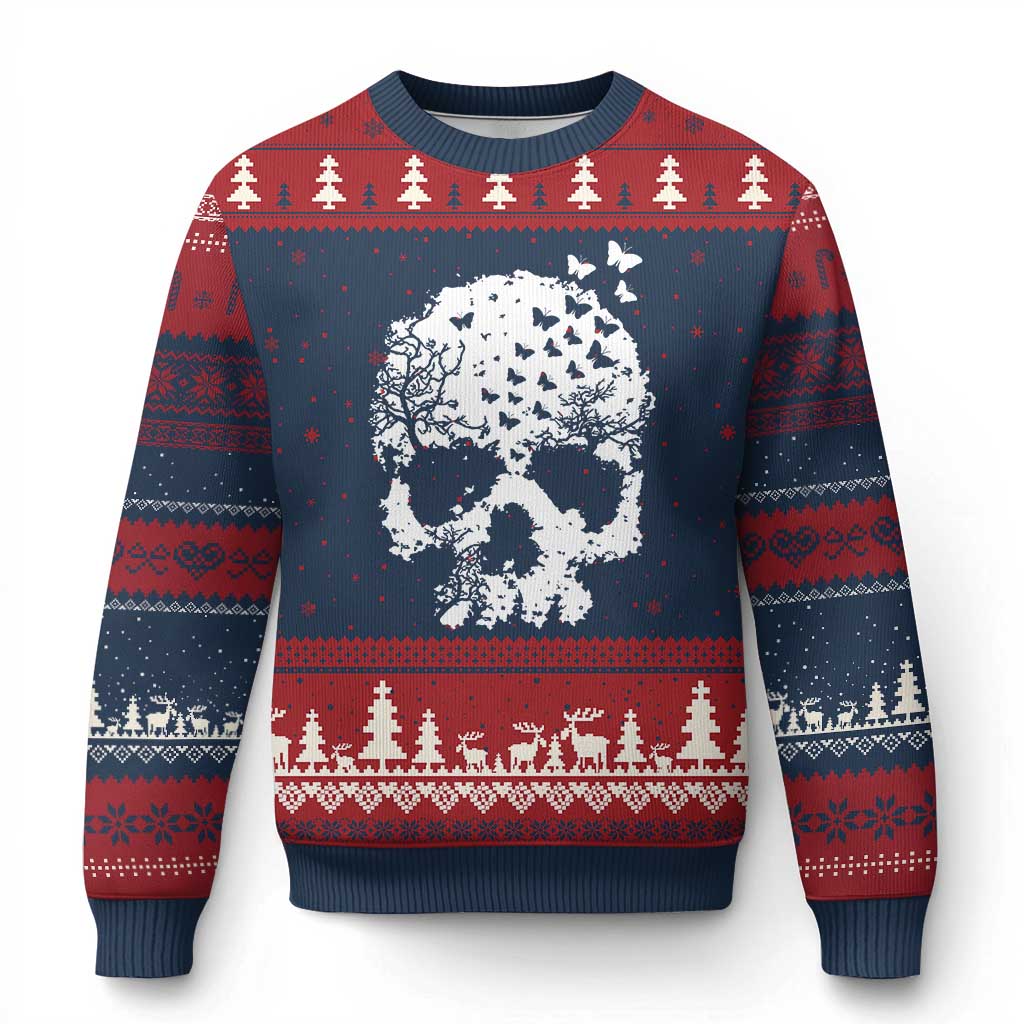 Dark Gothic Graphic Skull Floral Butterfly Ugly Christmas Sweater TS12 Navy Red Print Your Wear