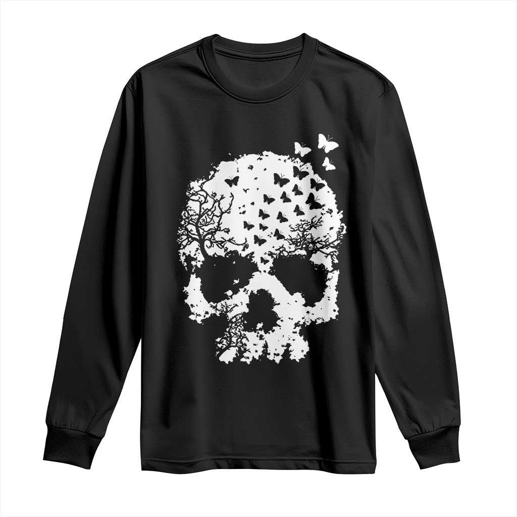 Dark Gothic Graphic Skull Floral Butterfly Long Sleeve Shirt TS12 Black Print Your Wear