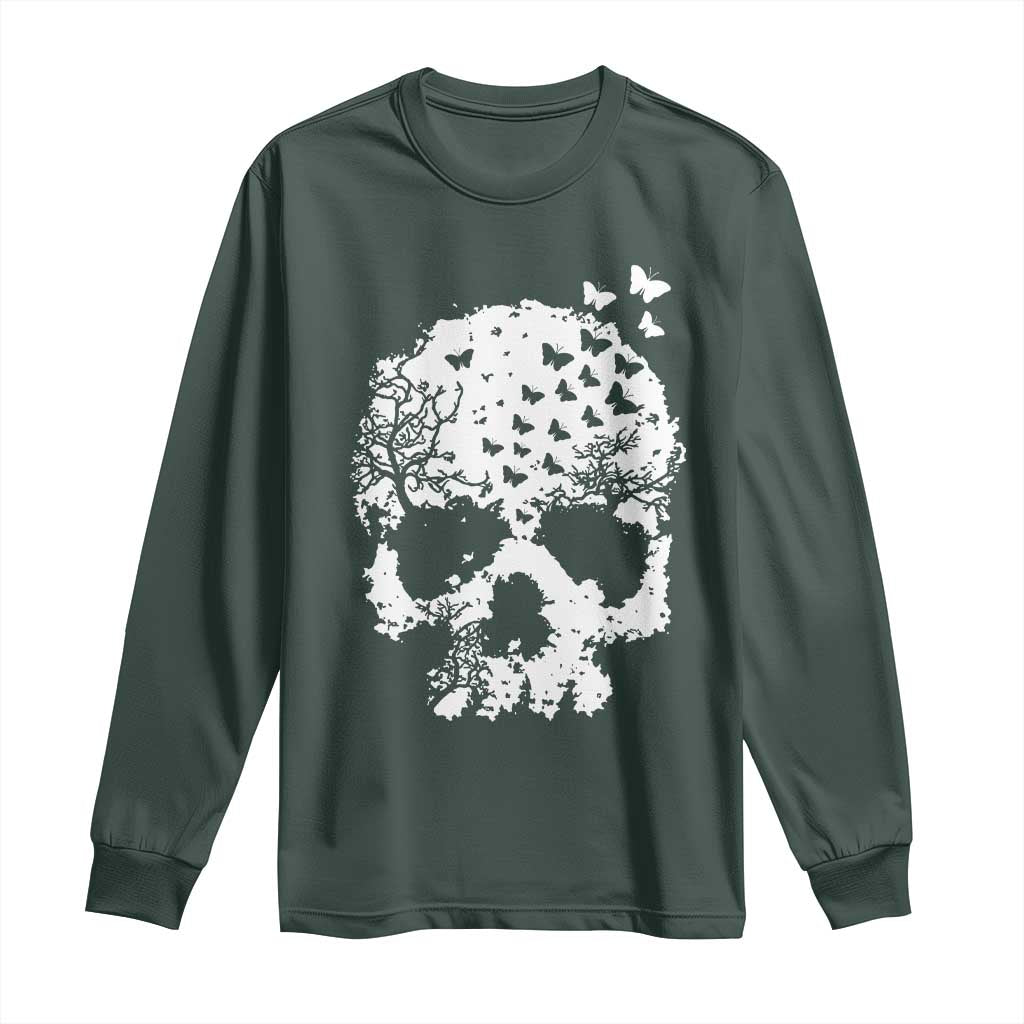 Dark Gothic Graphic Skull Floral Butterfly Long Sleeve Shirt TS12 Dark Forest Green Print Your Wear
