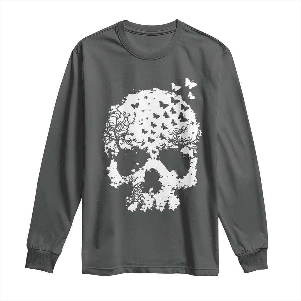 Dark Gothic Graphic Skull Floral Butterfly Long Sleeve Shirt TS12 Dark Heather Print Your Wear