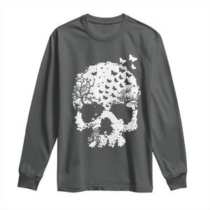 Dark Gothic Graphic Skull Floral Butterfly Long Sleeve Shirt TS12 Dark Heather Print Your Wear