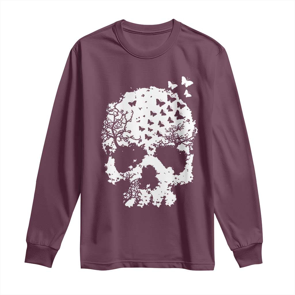 Dark Gothic Graphic Skull Floral Butterfly Long Sleeve Shirt TS12 Maroon Print Your Wear