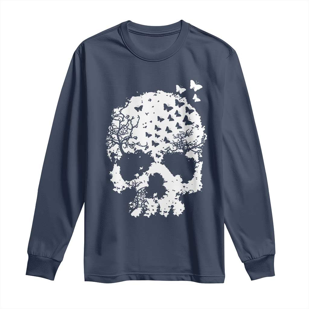Dark Gothic Graphic Skull Floral Butterfly Long Sleeve Shirt TS12 Navy Print Your Wear