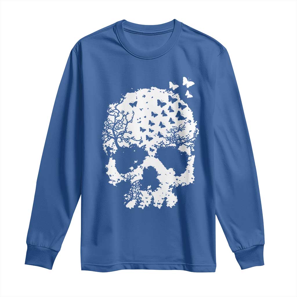 Dark Gothic Graphic Skull Floral Butterfly Long Sleeve Shirt TS12 Royal Blue Print Your Wear