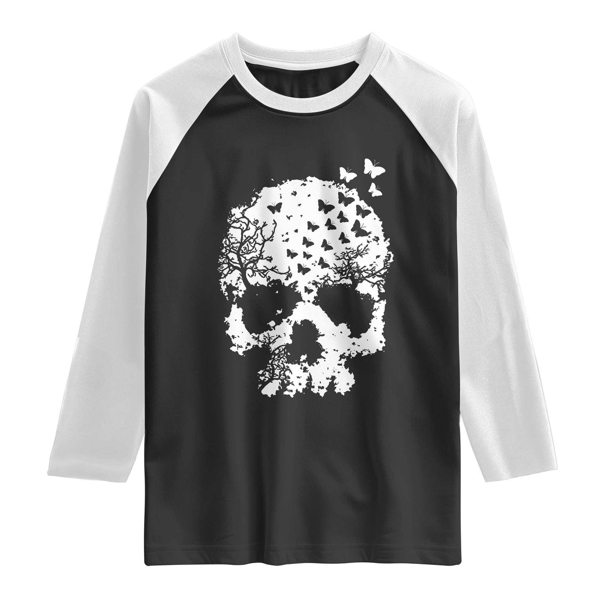 Dark Gothic Graphic Skull Floral Butterfly Raglan Shirt TS12 Black White Print Your Wear