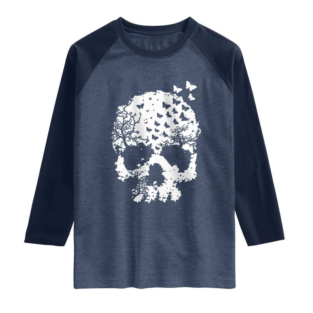Dark Gothic Graphic Skull Floral Butterfly Raglan Shirt TS12 Heather Denim Navy Print Your Wear