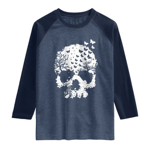 Dark Gothic Graphic Skull Floral Butterfly Raglan Shirt TS12 Heather Denim Navy Print Your Wear