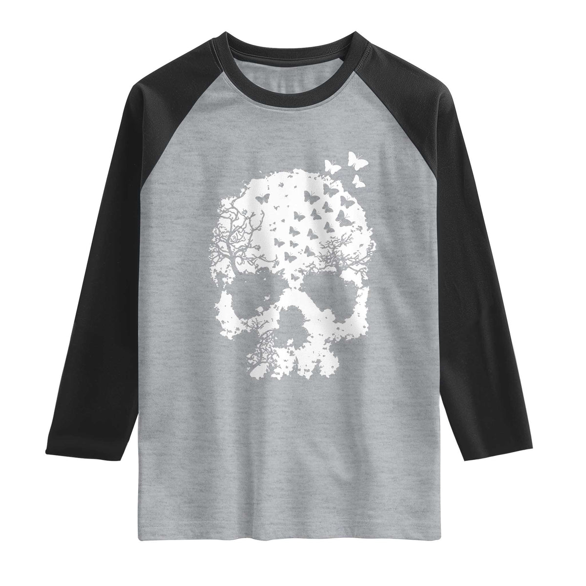 Dark Gothic Graphic Skull Floral Butterfly Raglan Shirt TS12 Heather Gray Black Print Your Wear