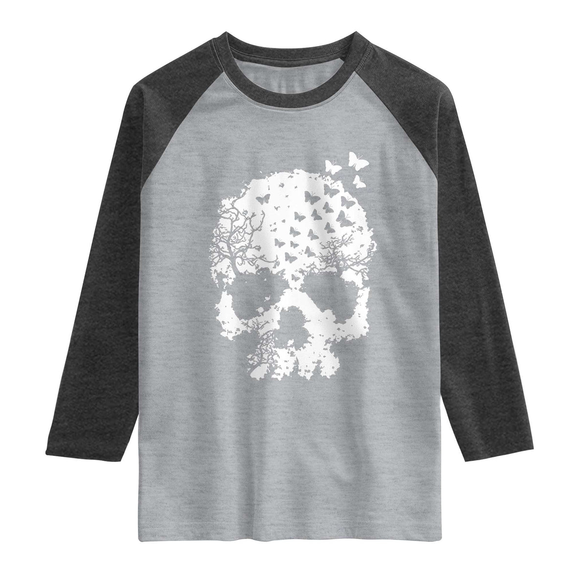 Dark Gothic Graphic Skull Floral Butterfly Raglan Shirt TS12 Heather Gray Heather Charcoal Print Your Wear
