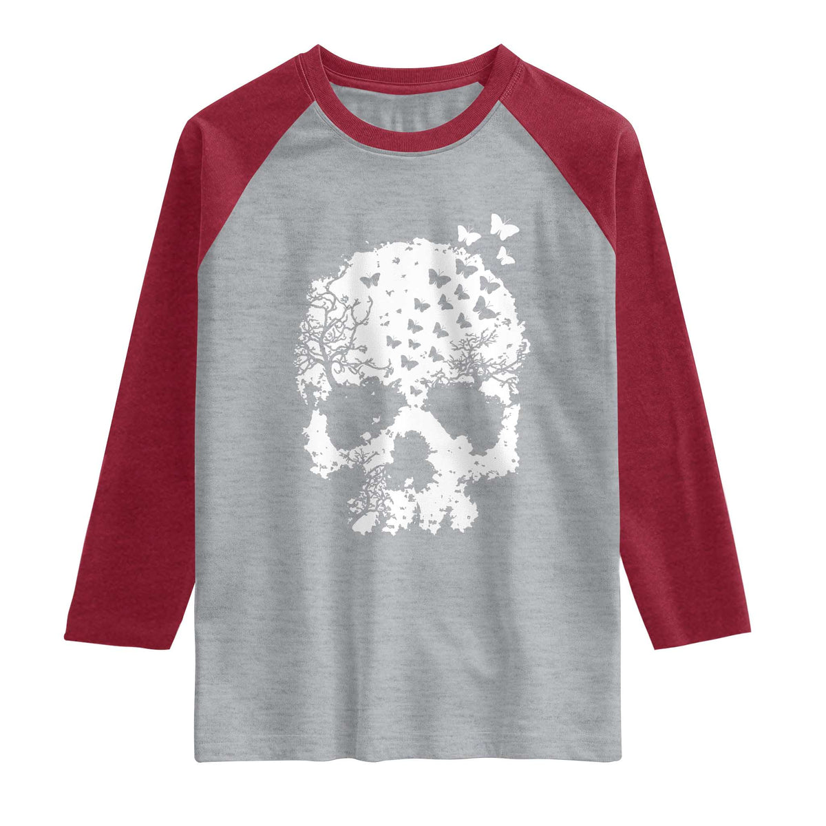 Dark Gothic Graphic Skull Floral Butterfly Raglan Shirt TS12 Heather Gray Heather Red Print Your Wear