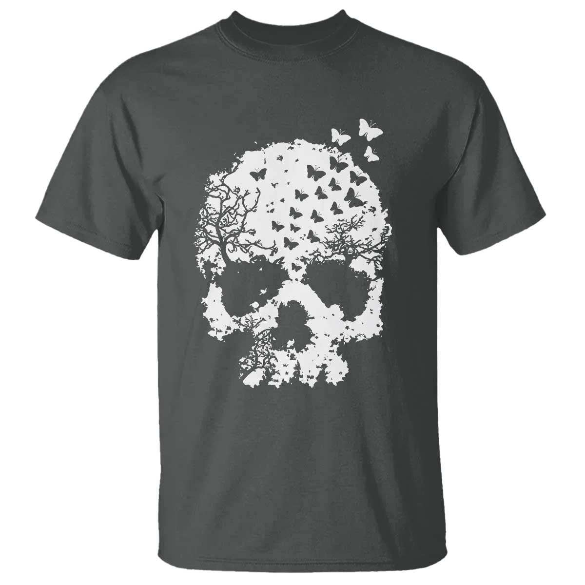 Dark Gothic Graphic Skull Floral Butterfly T Shirt TS12 Dark Heather Print Your Wear