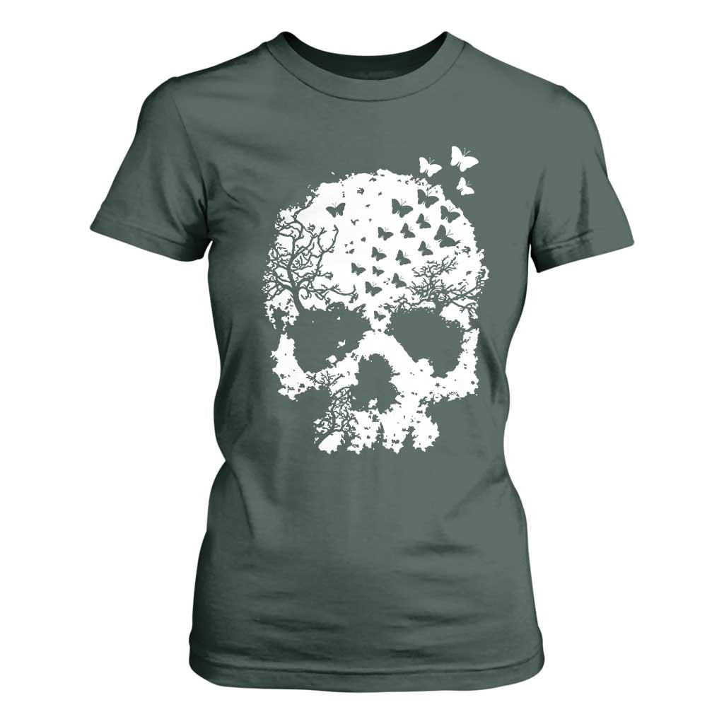 Dark Gothic Graphic Skull Floral Butterfly T Shirt For Women TS12 Dark Forest Green Print Your Wear