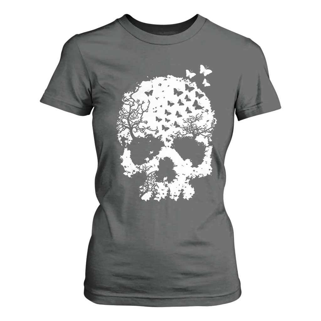 Dark Gothic Graphic Skull Floral Butterfly T Shirt For Women TS12 Dark Heather Print Your Wear