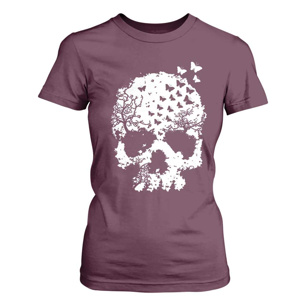 Dark Gothic Graphic Skull Floral Butterfly T Shirt For Women TS12 Maroon Print Your Wear