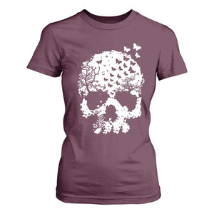 Dark Gothic Graphic Skull Floral Butterfly T Shirt For Women TS12 Maroon Print Your Wear