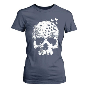 Dark Gothic Graphic Skull Floral Butterfly T Shirt For Women TS12 Navy Print Your Wear