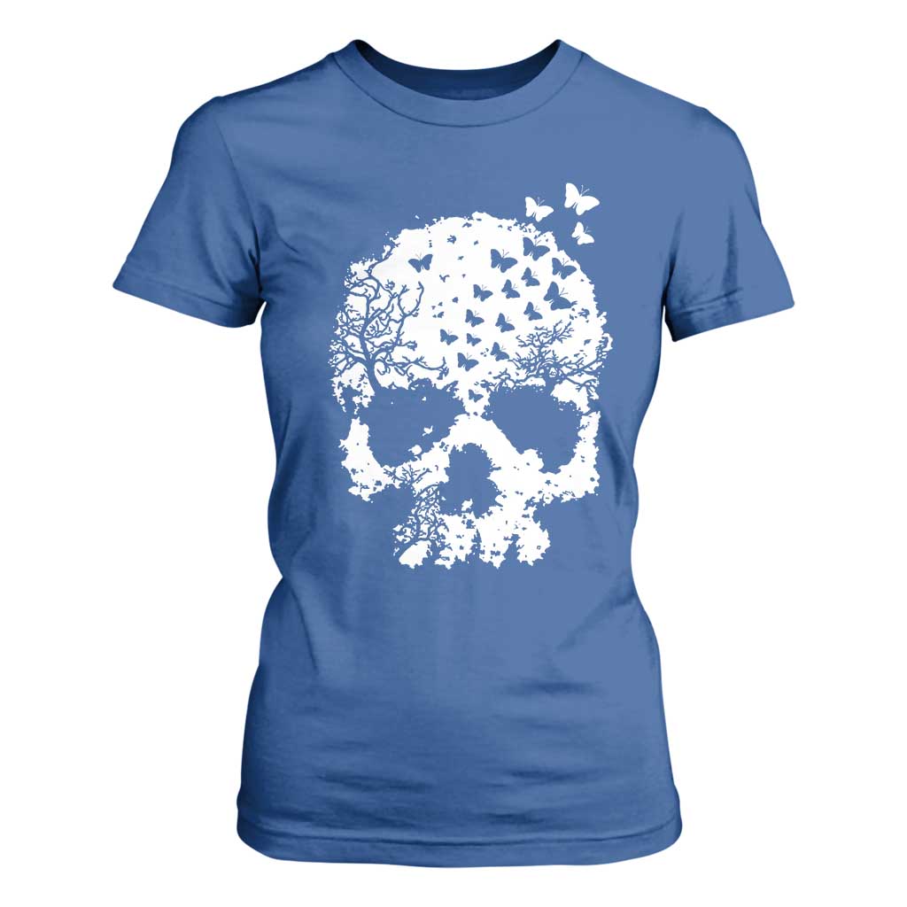 Dark Gothic Graphic Skull Floral Butterfly T Shirt For Women TS12 Royal Blue Print Your Wear