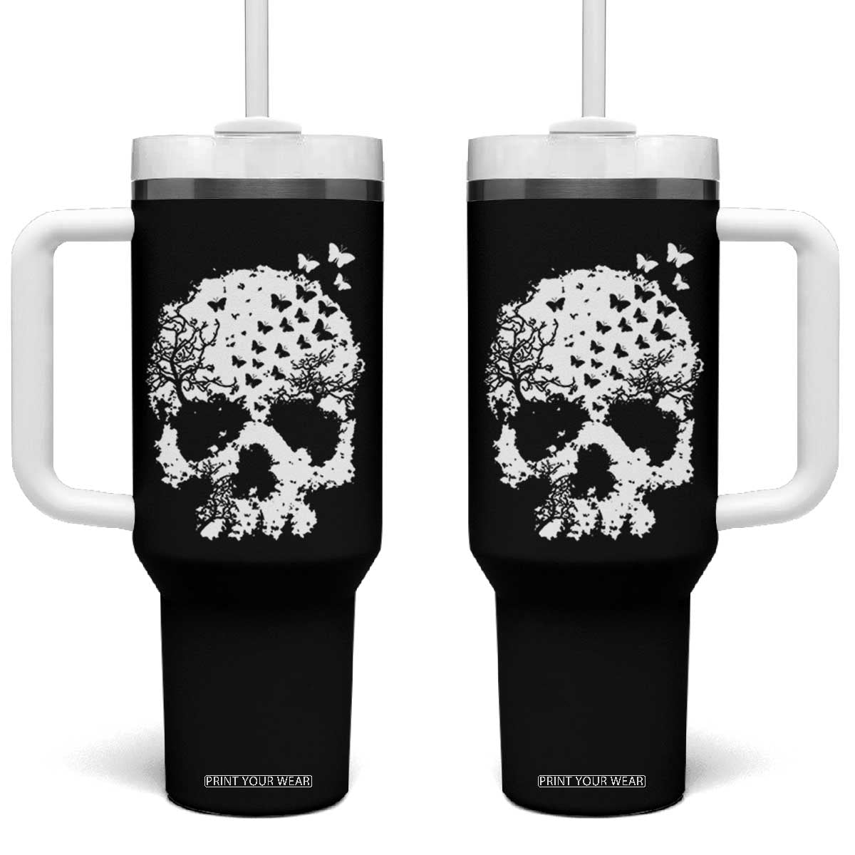 Dark Gothic Graphic Skull Floral Butterfly Tumbler With Handle TS12 One Size: 40 oz Black Print Your Wear