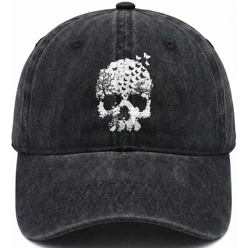 Dark Gothic Graphic Skull Floral Butterfly Washed Cotton Baseball Cap TS12 Print Your Wear