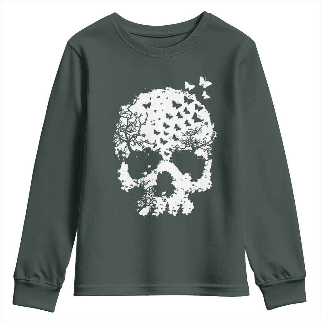 Dark Gothic Graphic Skull Floral Butterfly Youth Sweatshirt TS12 Dark Forest Green Print Your Wear