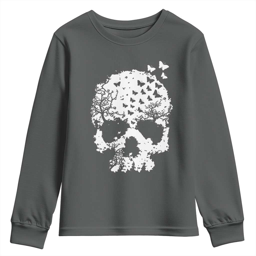 Dark Gothic Graphic Skull Floral Butterfly Youth Sweatshirt TS12 Dark Heather Print Your Wear