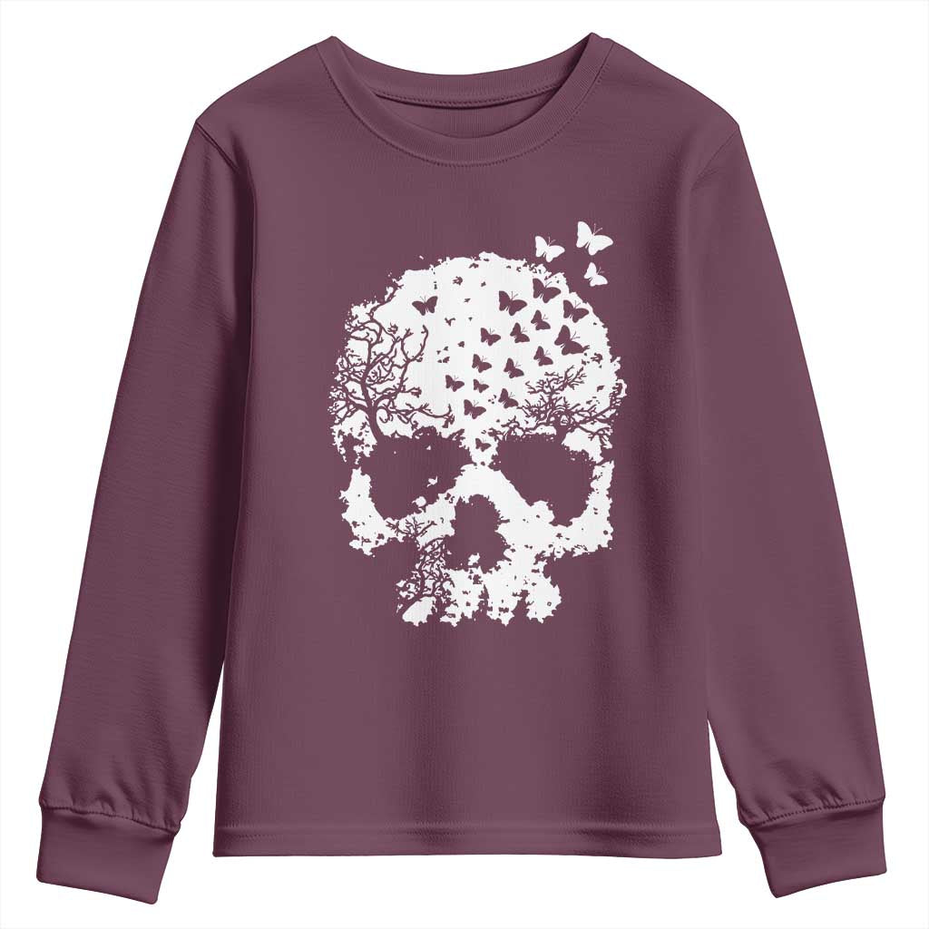 Dark Gothic Graphic Skull Floral Butterfly Youth Sweatshirt TS12 Maroon Print Your Wear