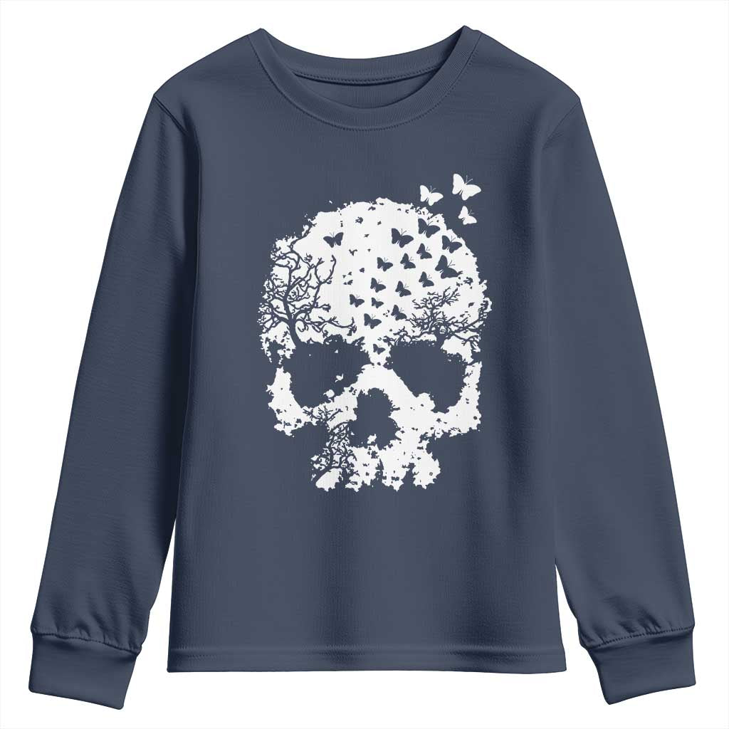 Dark Gothic Graphic Skull Floral Butterfly Youth Sweatshirt TS12 Navy Print Your Wear