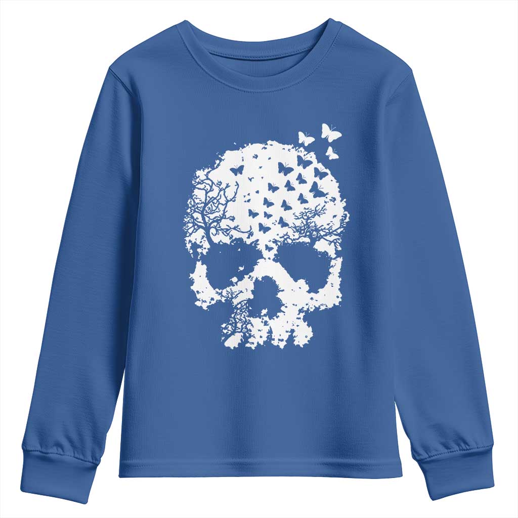 Dark Gothic Graphic Skull Floral Butterfly Youth Sweatshirt TS12 Royal Blue Print Your Wear