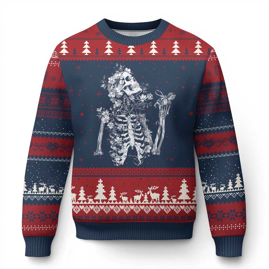 Gothic Grunge Floral Skeleton Ugly Christmas Sweater Dark Alternative Aesthetic For Women TS12 Navy Red Print Your Wear