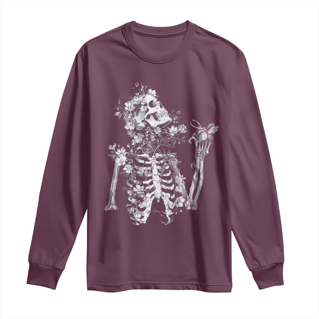 Gothic Grunge Floral Skeleton Long Sleeve Shirt Dark Alternative Aesthetic For Women TS12 Maroon Print Your Wear
