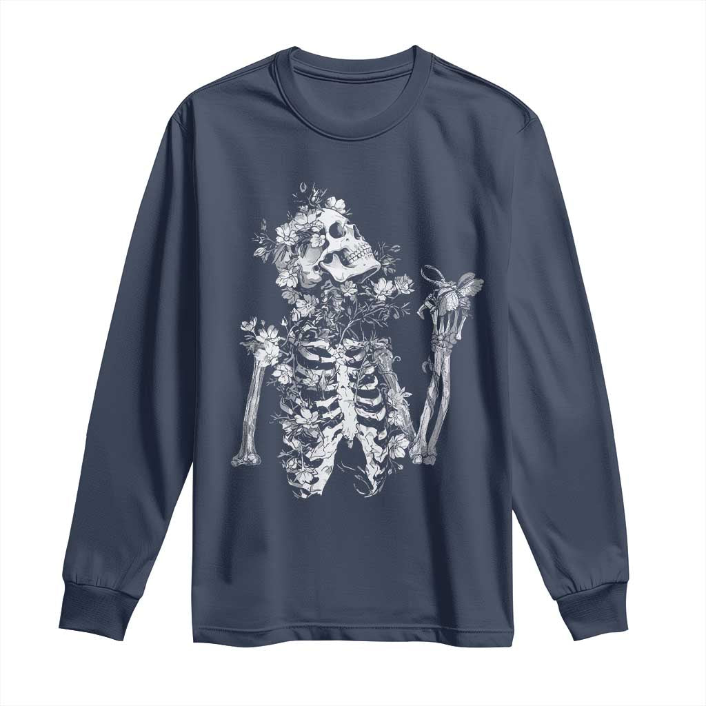 Gothic Grunge Floral Skeleton Long Sleeve Shirt Dark Alternative Aesthetic For Women TS12 Navy Print Your Wear