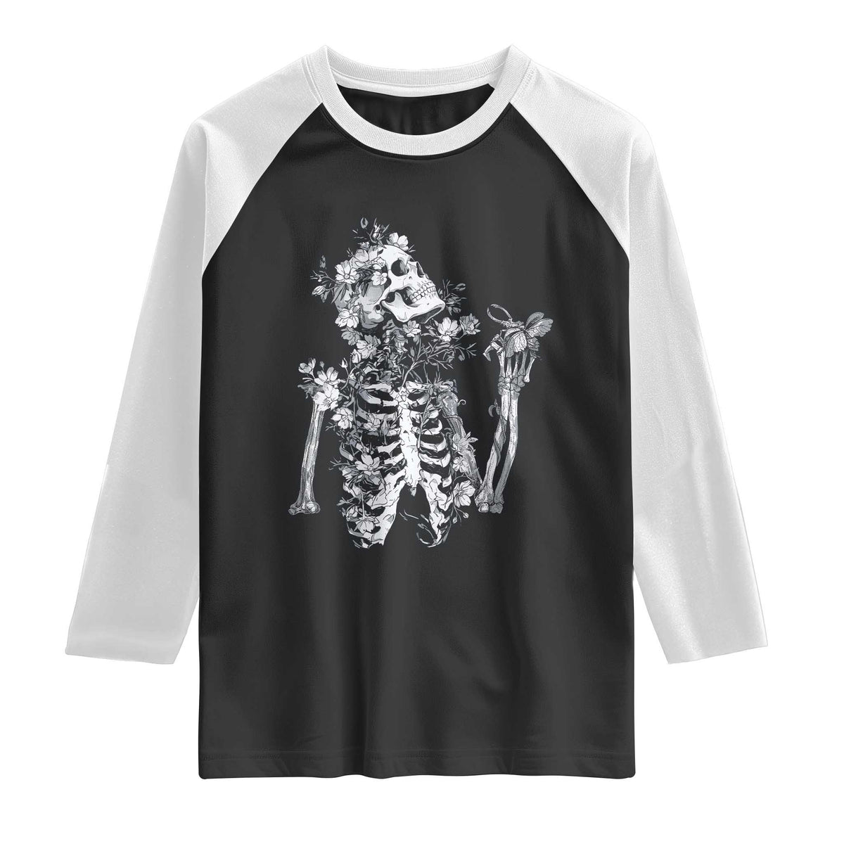 Gothic Grunge Floral Skeleton Raglan Shirt Dark Alternative Aesthetic For Women TS12 Black White Print Your Wear