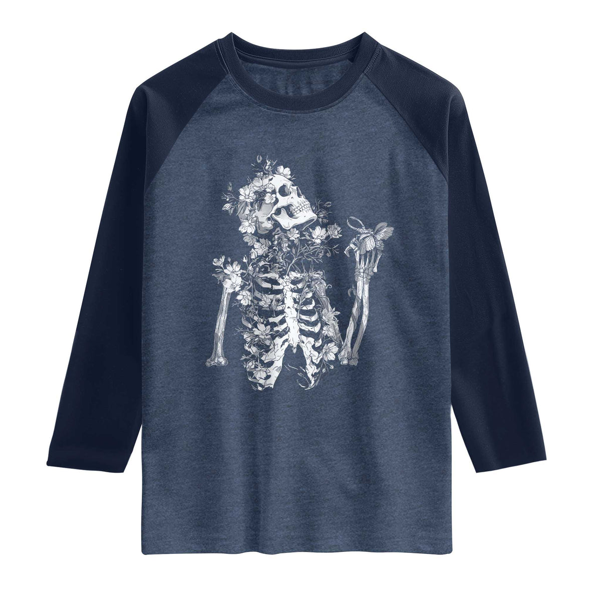 Gothic Grunge Floral Skeleton Raglan Shirt Dark Alternative Aesthetic For Women TS12 Heather Denim Navy Print Your Wear