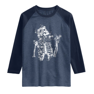Gothic Grunge Floral Skeleton Raglan Shirt Dark Alternative Aesthetic For Women TS12 Heather Denim Navy Print Your Wear