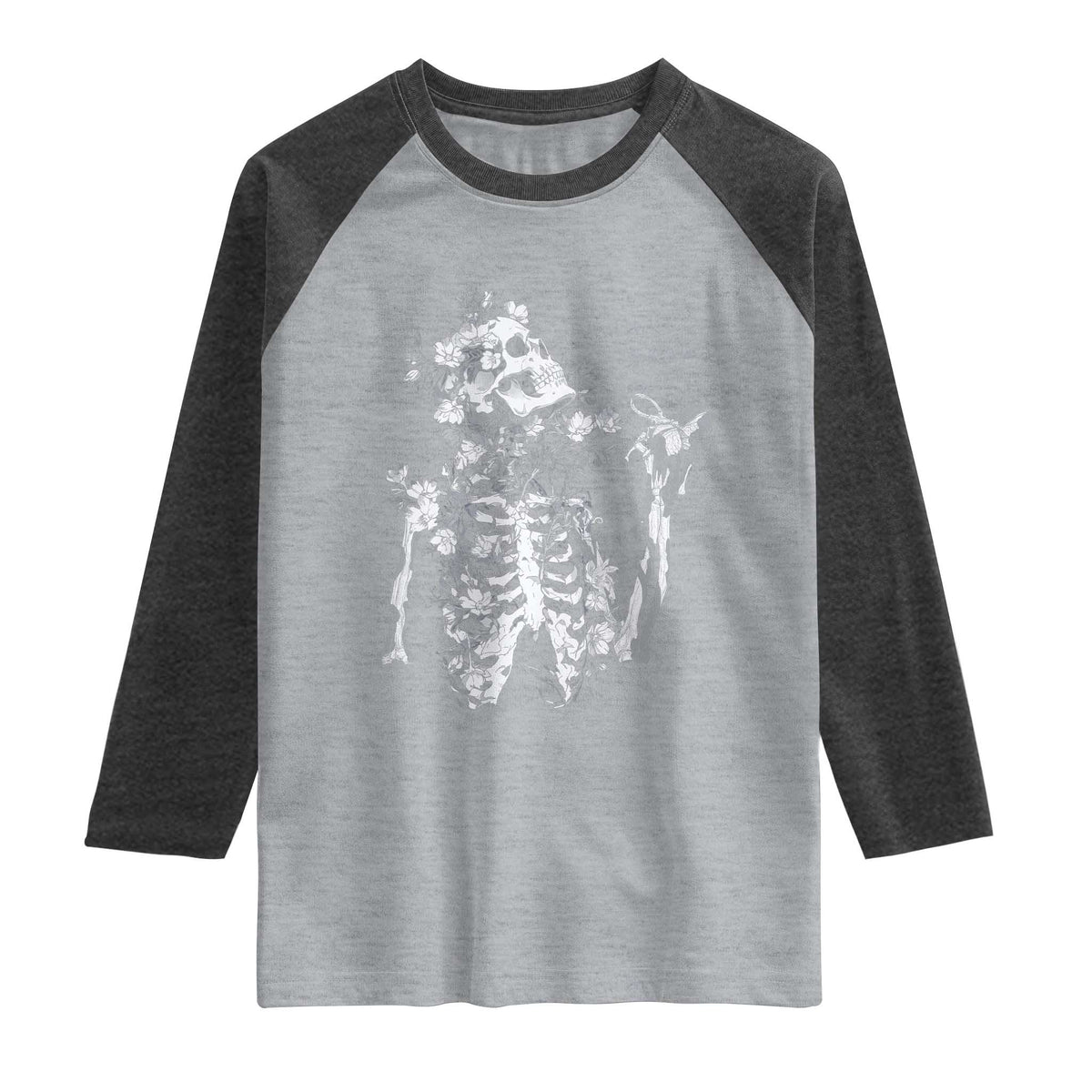 Gothic Grunge Floral Skeleton Raglan Shirt Dark Alternative Aesthetic For Women TS12 Heather Gray Heather Charcoal Print Your Wear