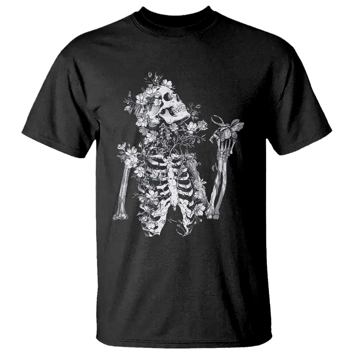 Gothic Grunge Floral Skeleton T Shirt Dark Alternative Aesthetic For Women TS12 Black Print Your Wear