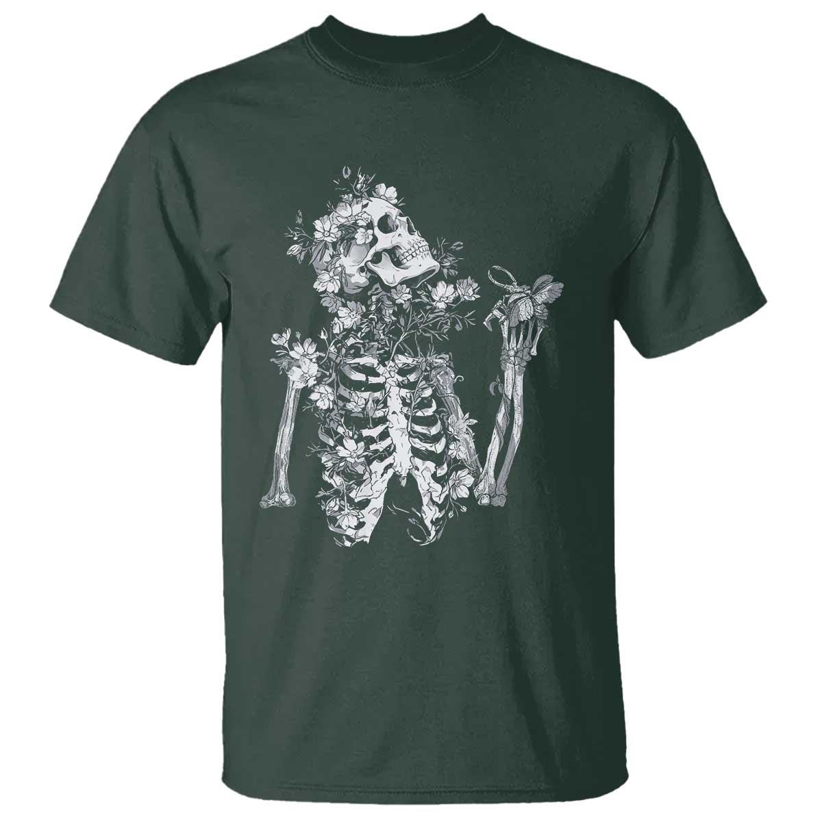 Gothic Grunge Floral Skeleton T Shirt Dark Alternative Aesthetic For Women TS12 Dark Forest Green Print Your Wear