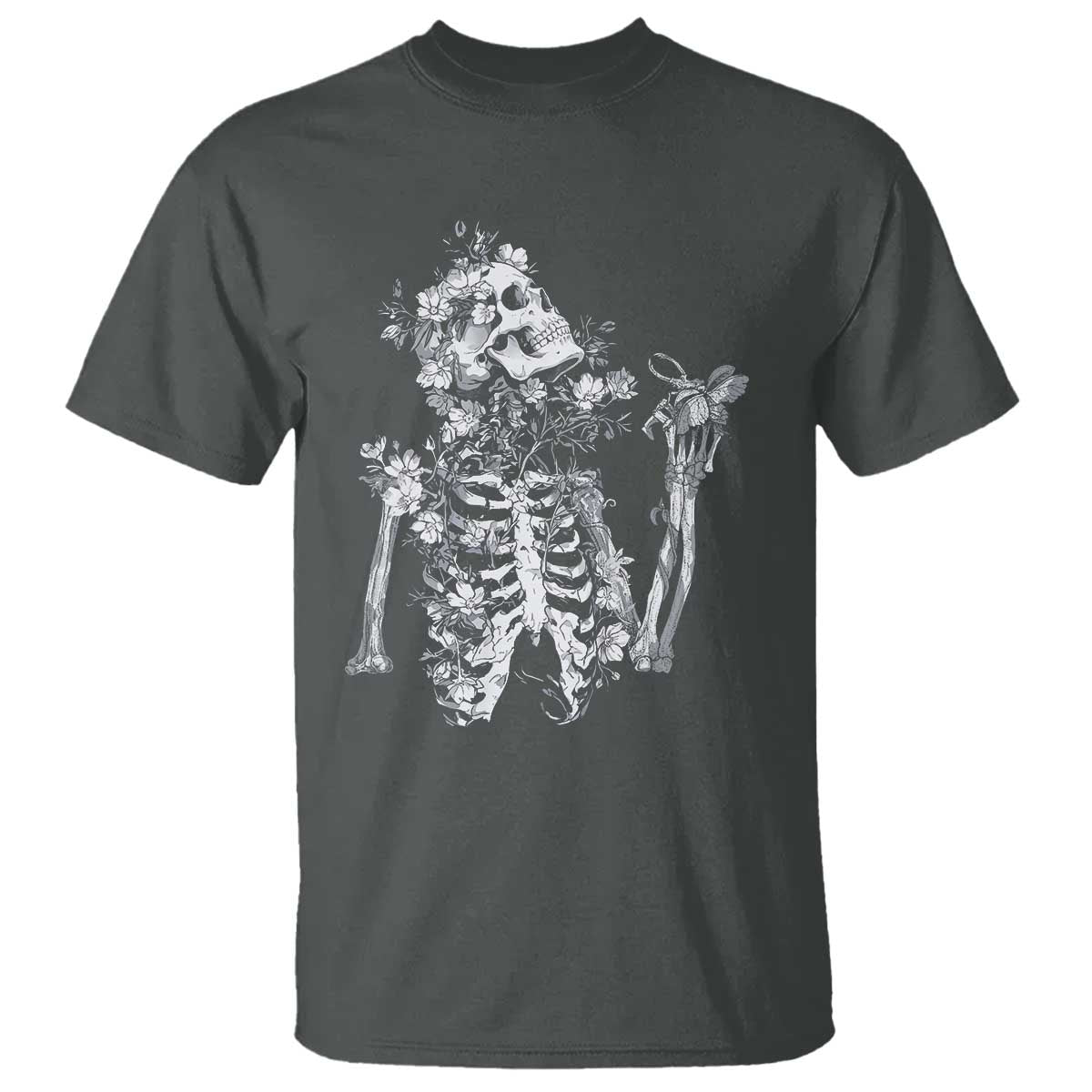 Gothic Grunge Floral Skeleton T Shirt Dark Alternative Aesthetic For Women TS12 Dark Heather Print Your Wear
