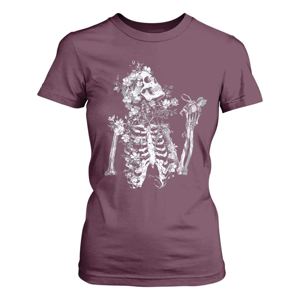 Gothic Grunge Floral Skeleton T Shirt For Women Dark Alternative Aesthetic For Women TS12 Maroon Print Your Wear