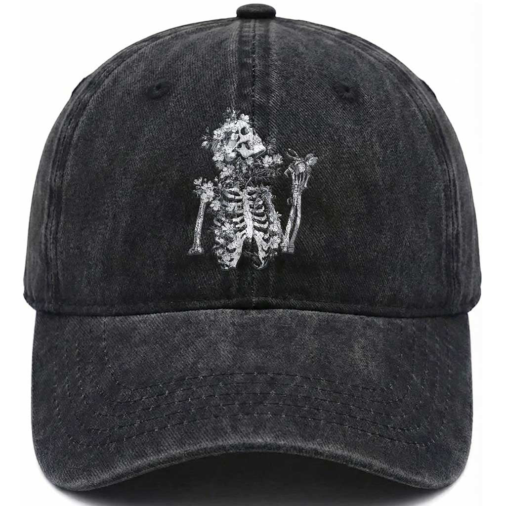 Gothic Grunge Floral Skeleton Washed Cotton Baseball Cap Dark Alternative Aesthetic For Women TS12 Print Your Wear